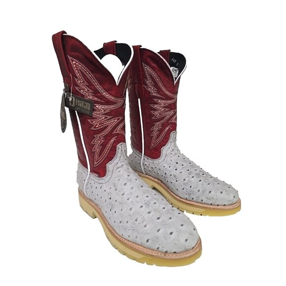 Dingo Men's DI 606 Kiwi Western Ostrich Print Pull On Boot White Red Size 9.5D - Picture 1 of 6